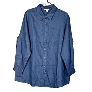 Bridgewater Studio Linen Shirt Womens 1X Blue Button Up Breathable Coastal Comfy